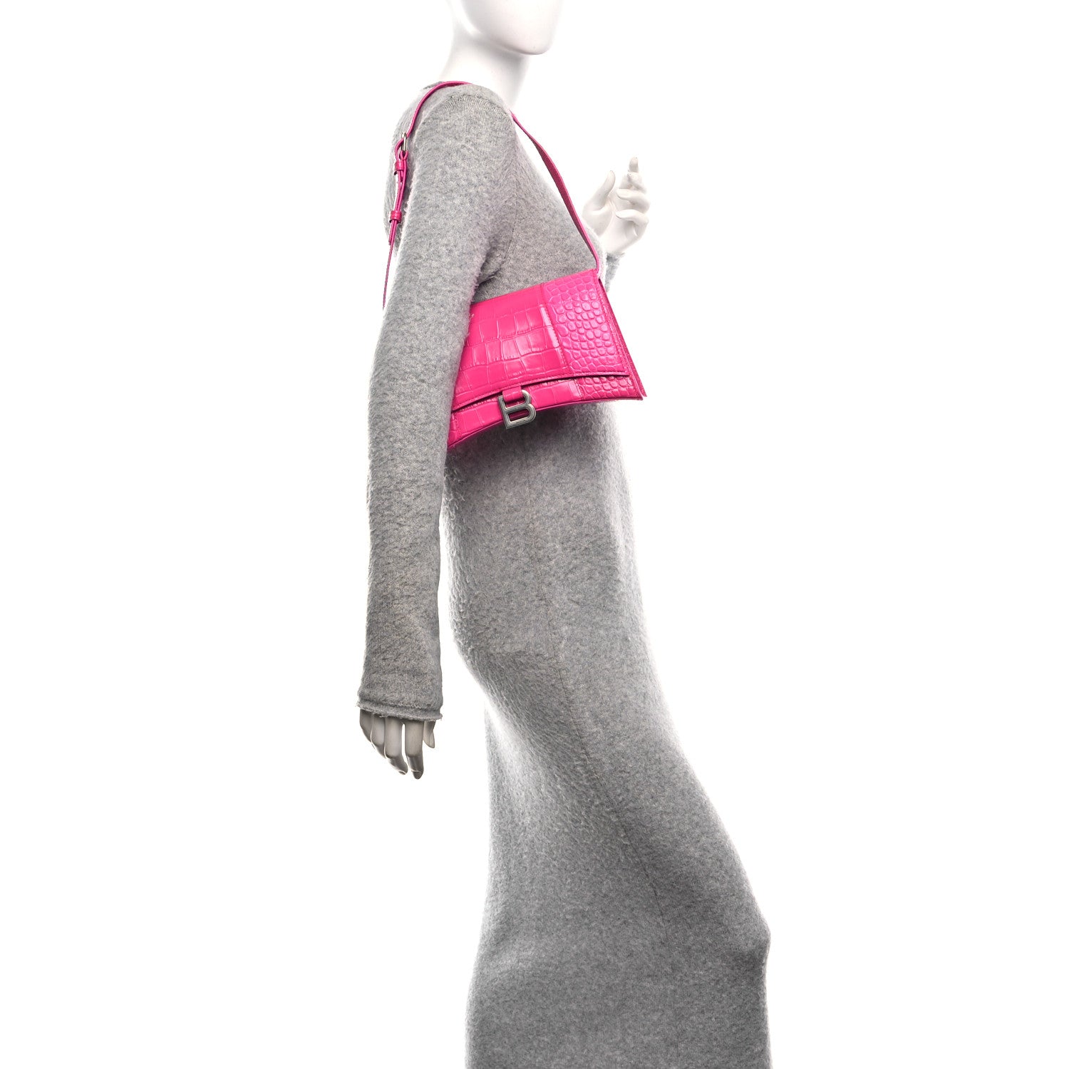 Balenciaga Shiny Calfskin Crocodile Embossed Small Hourglass Sling Shoulder Bag Fuchsia 2 of 9