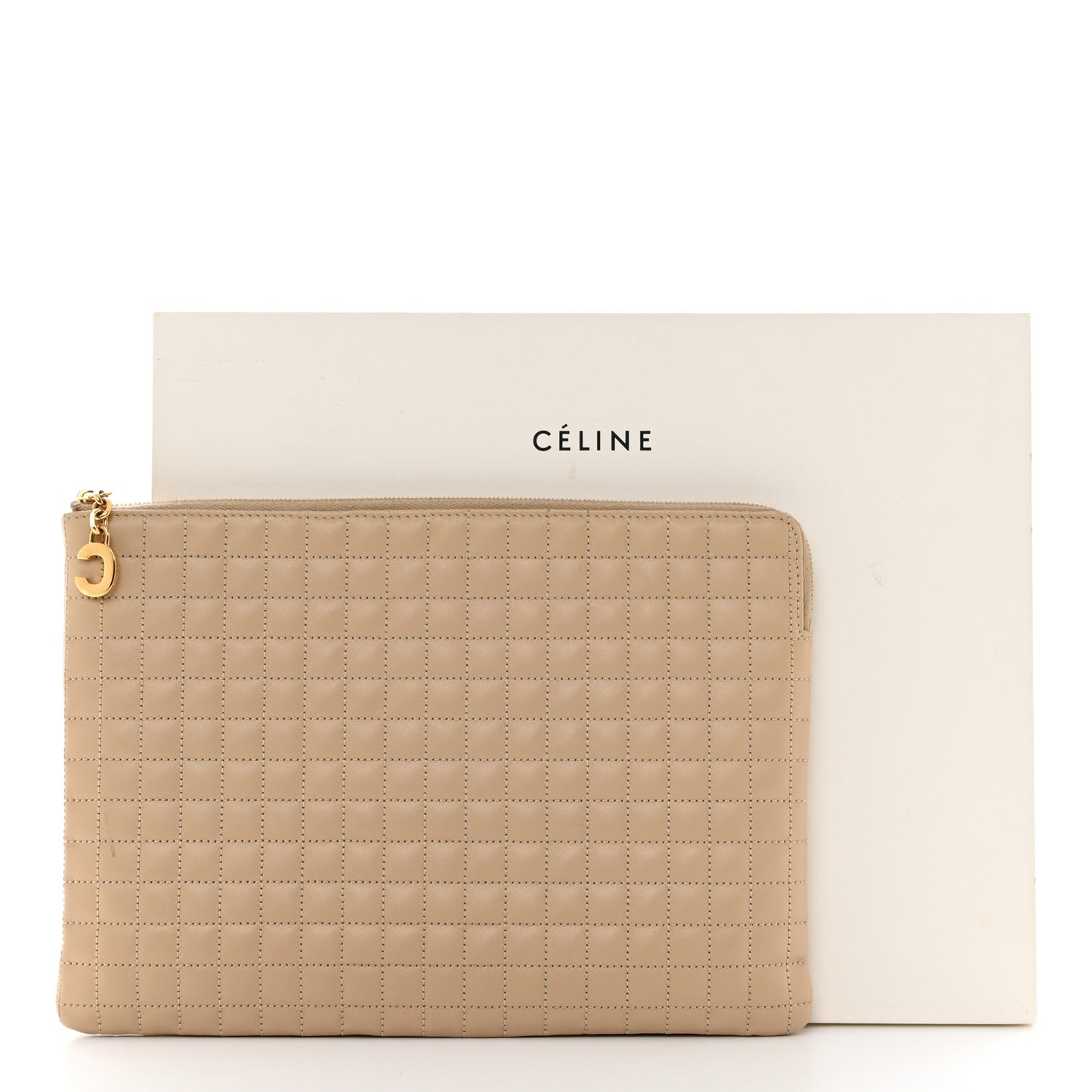 Calfskin Quilted C Charm Pouch Nude