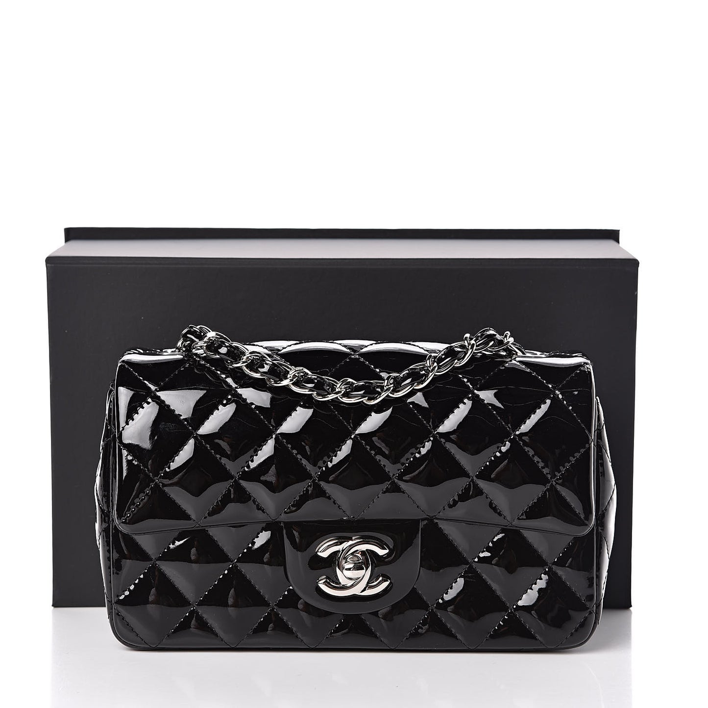 Patent Calfskin Quilted Mini Rectangular Flap Black