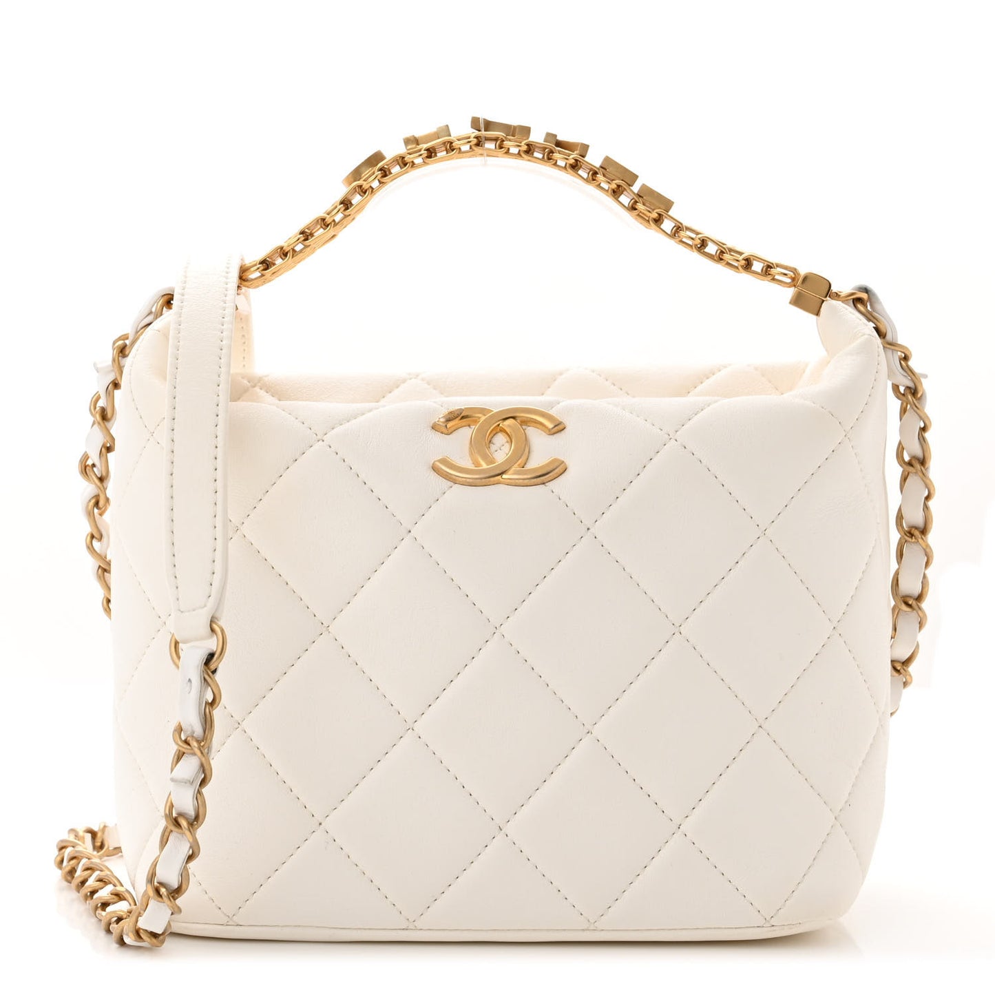 Lambskin Quilted CC Crystal Signature Chain Hobo White