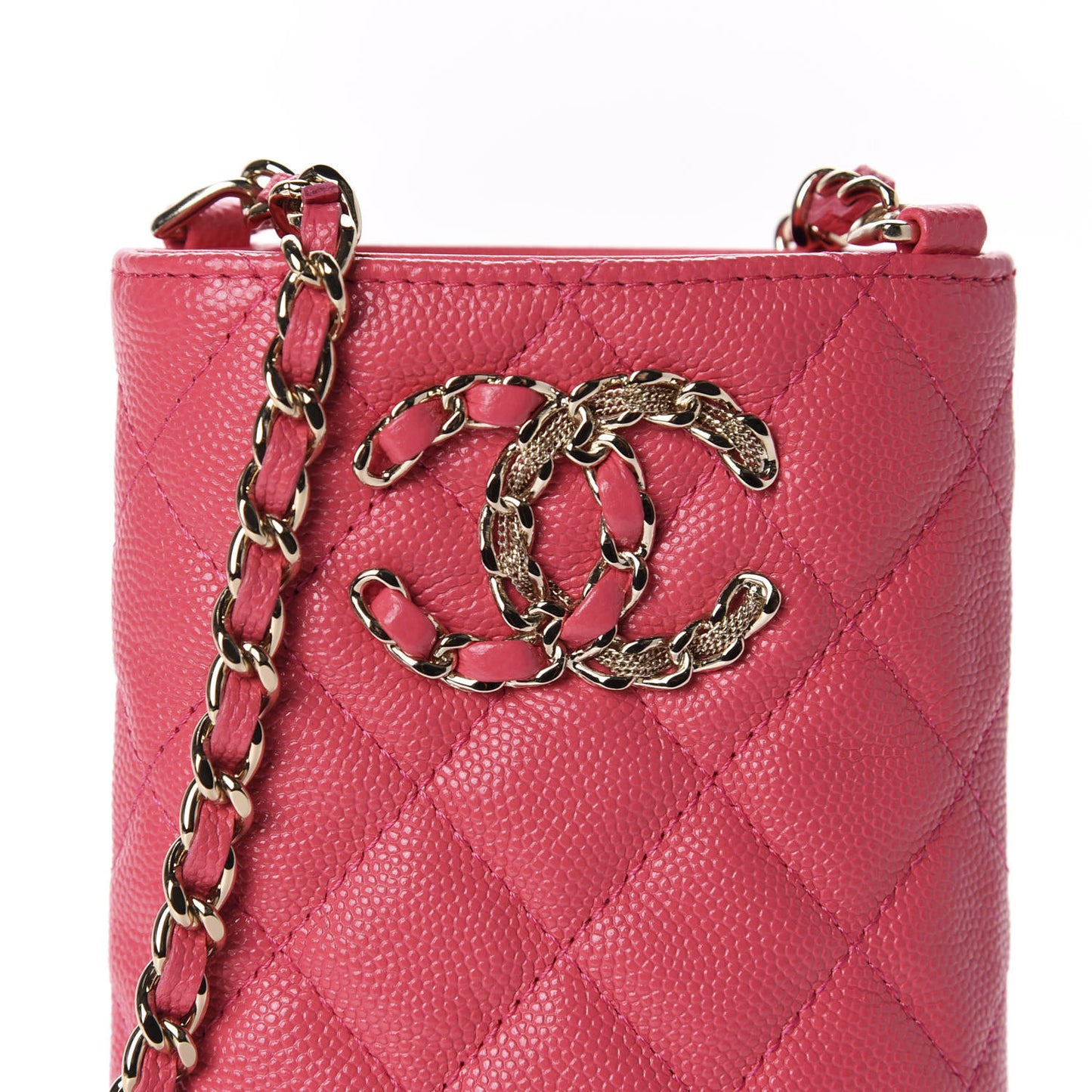 Caviar Quilted French New Wave Phone Holder With Chain Pink