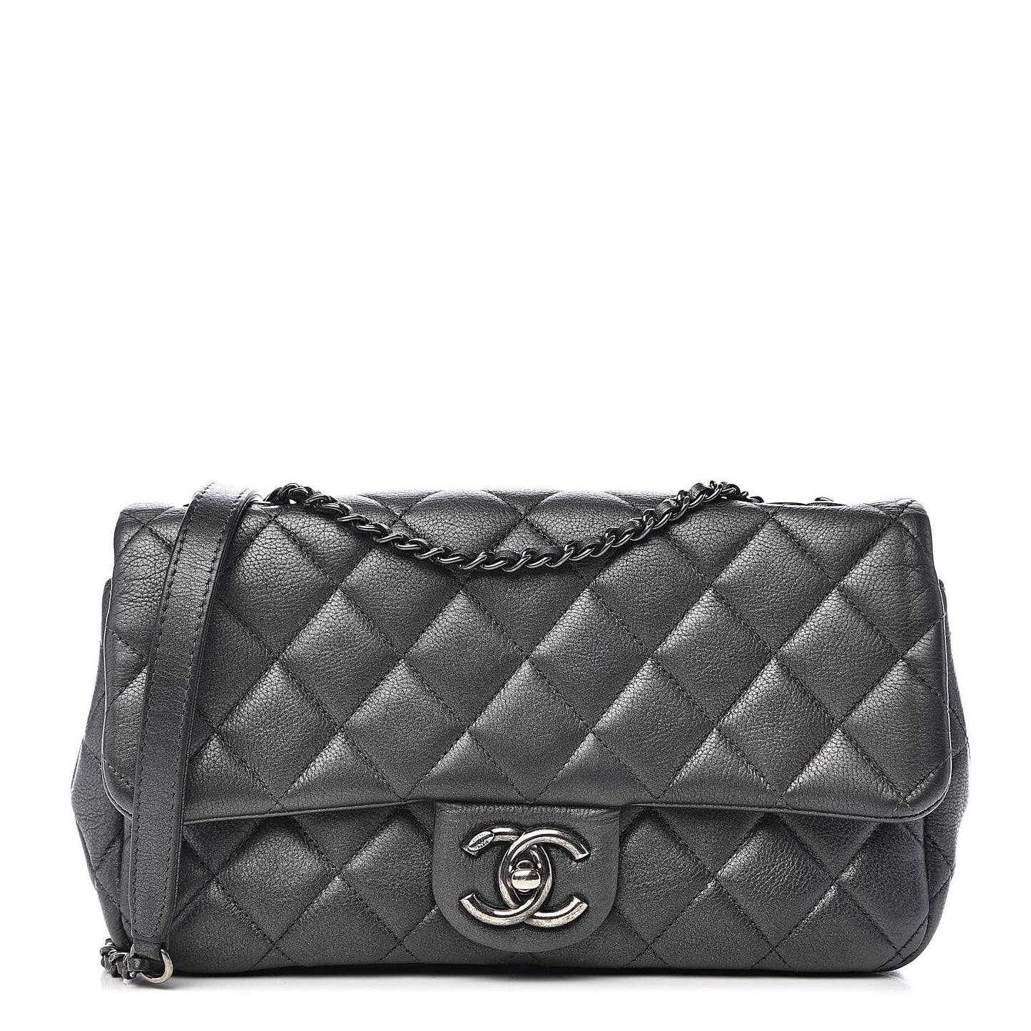 Metallic Calfskin Quilted Medium Medallion Flap Dark Silver