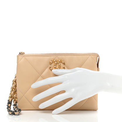 Chanel Shiny Goatskin Quilted Chanel 19 Small Pouch With Handle Beige 2 of 7