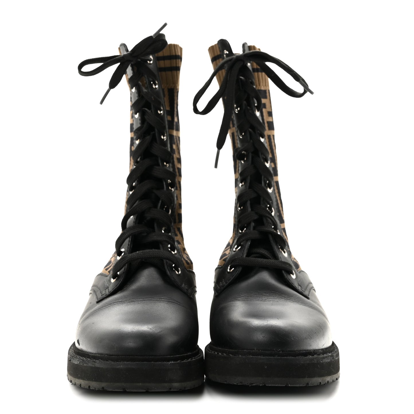 Calfskin Stretch Fabric FF Rockoko Biker Boots 40 Black Tobacco