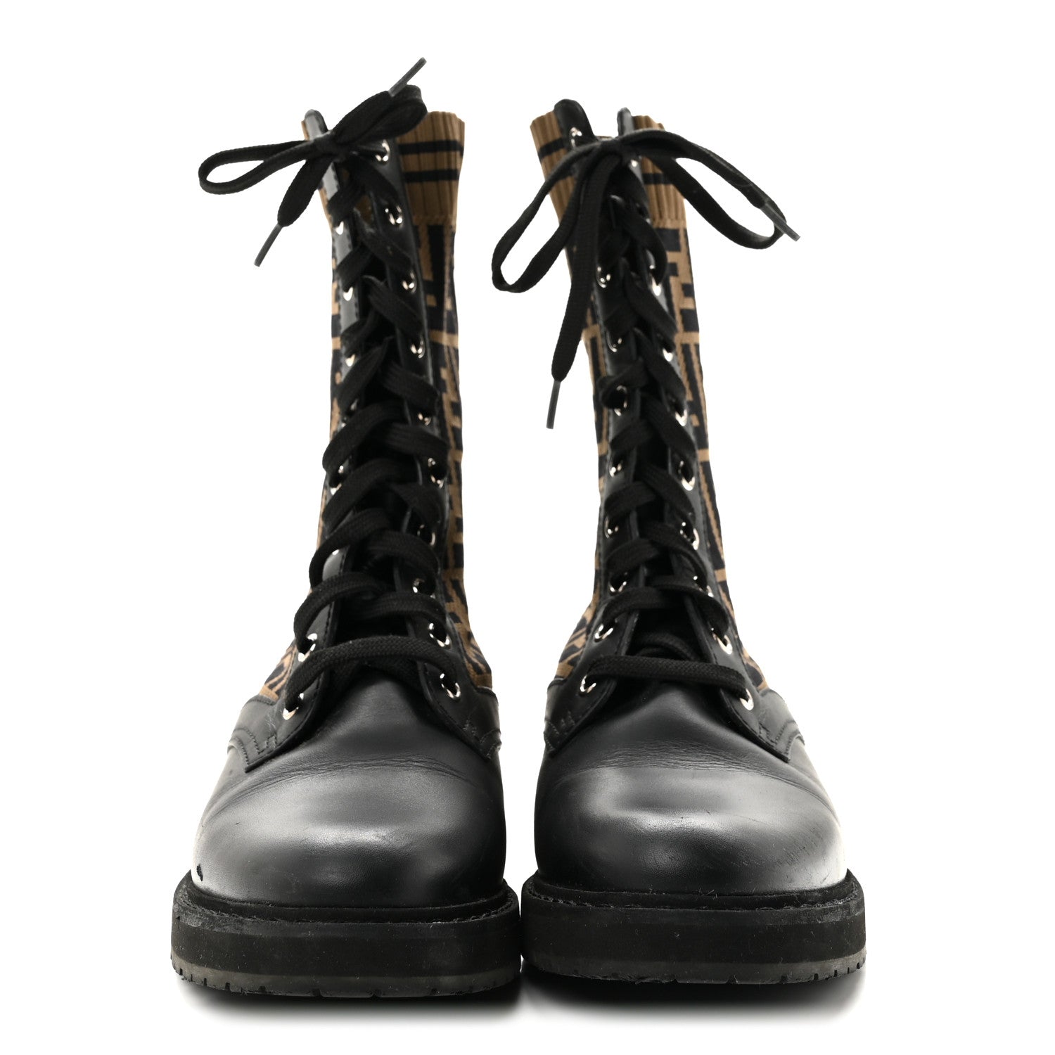 Fendi Calfskin Stretch Fabric FF Rockoko Biker Boots 40 Black Tobacco 3 of 11