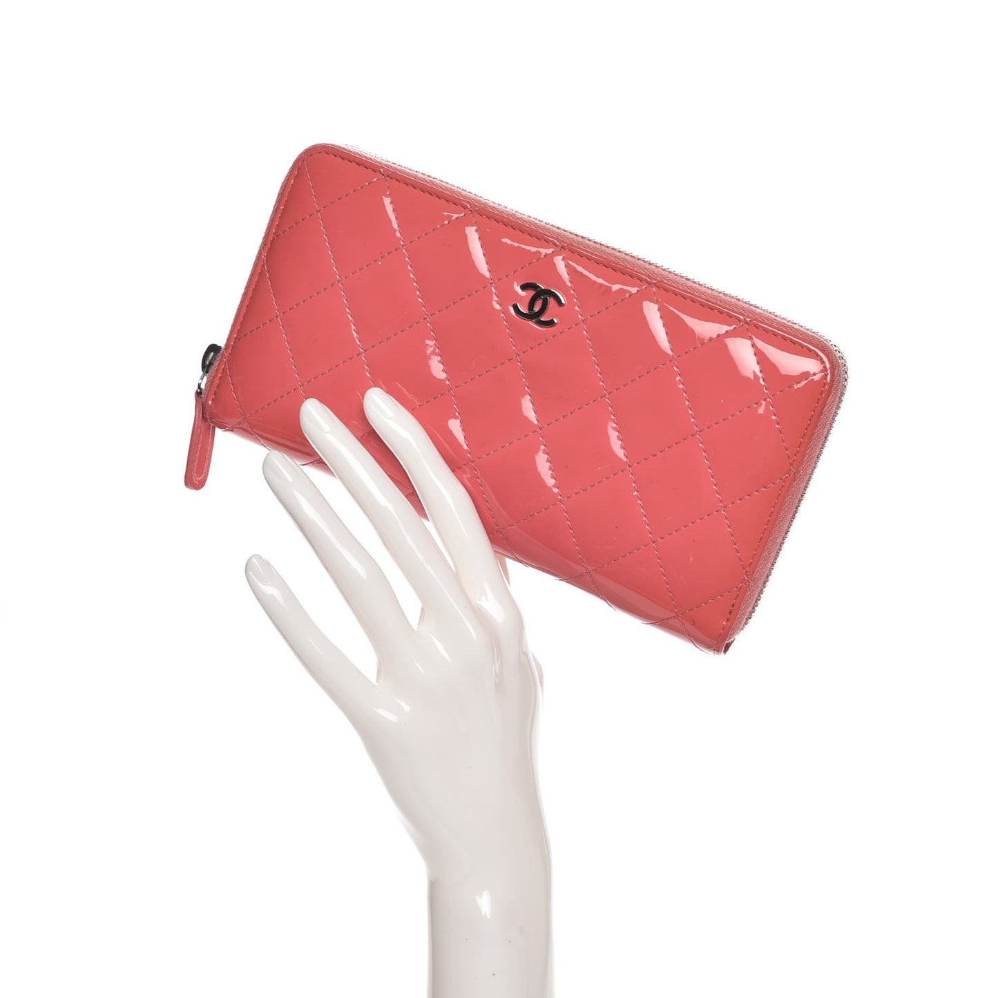 Patent Calfskin Quilted Large Gusset Zip Around Wallet Pink
