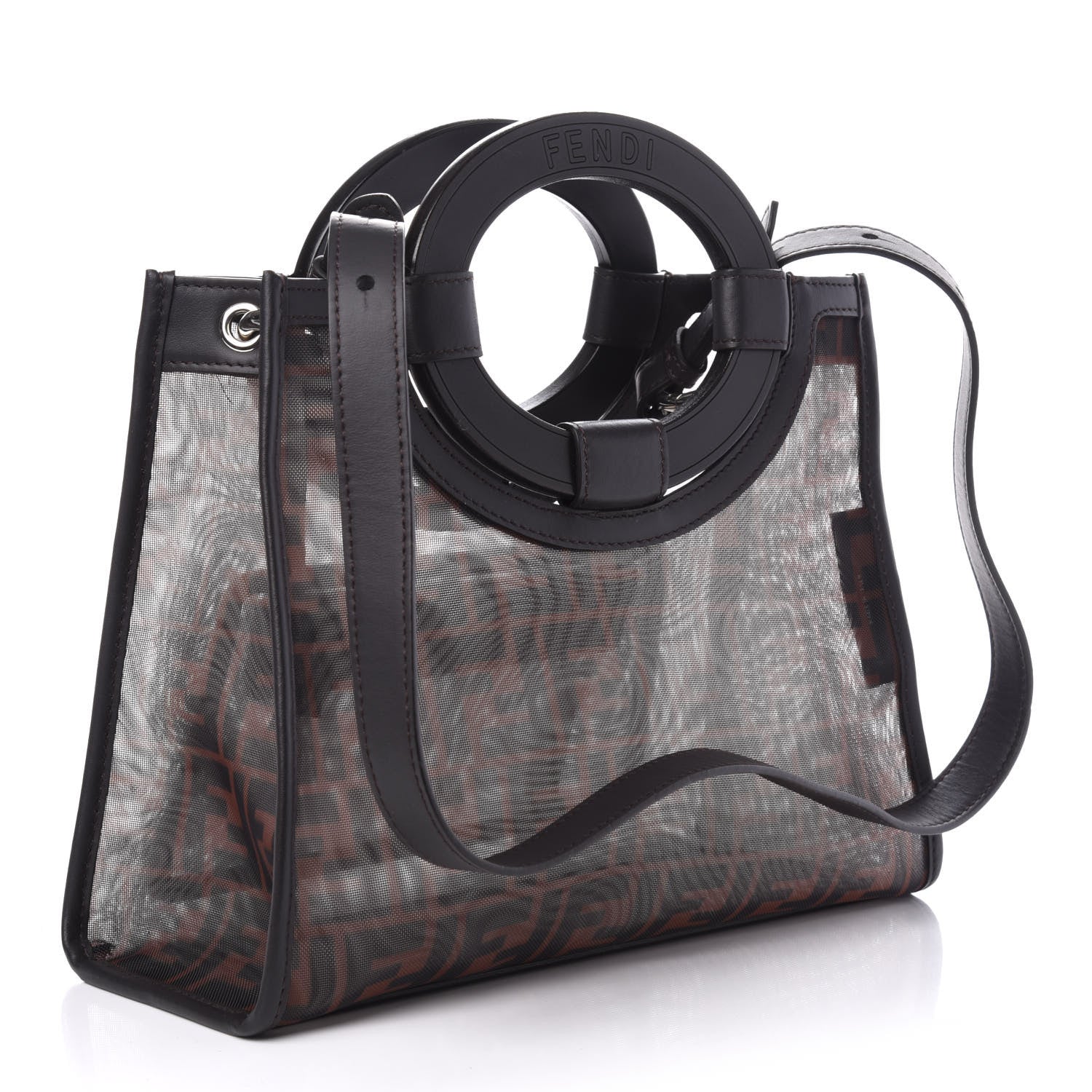 Fendi Mesh Vitello Century Cuoio FF 1974 Small Runaway Shopper Tote Marrone Black Ebano 3 of 9