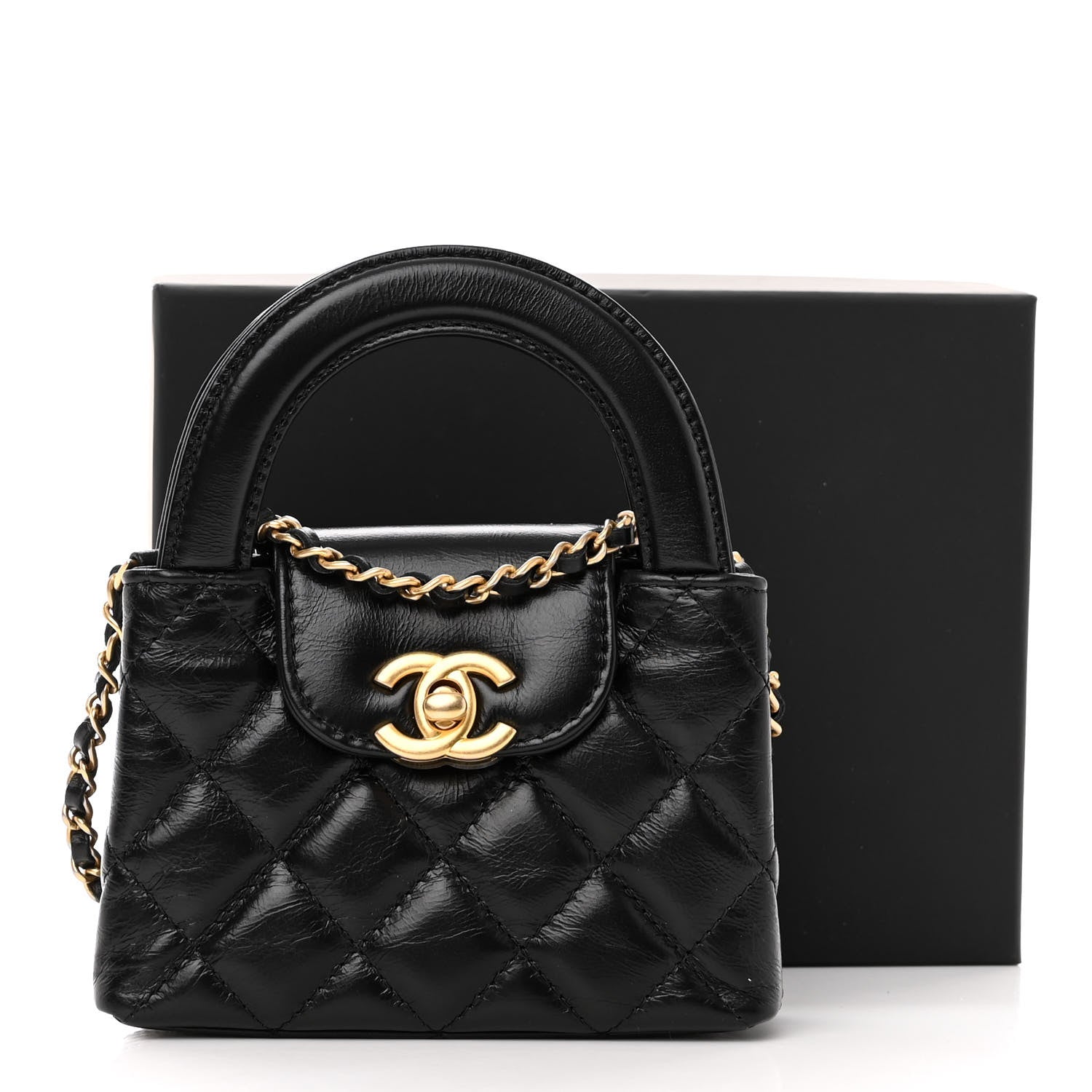 Chanel Shiny Aged Calfskin Quilted Mini Nano Kelly Shopper Black 10 of 10