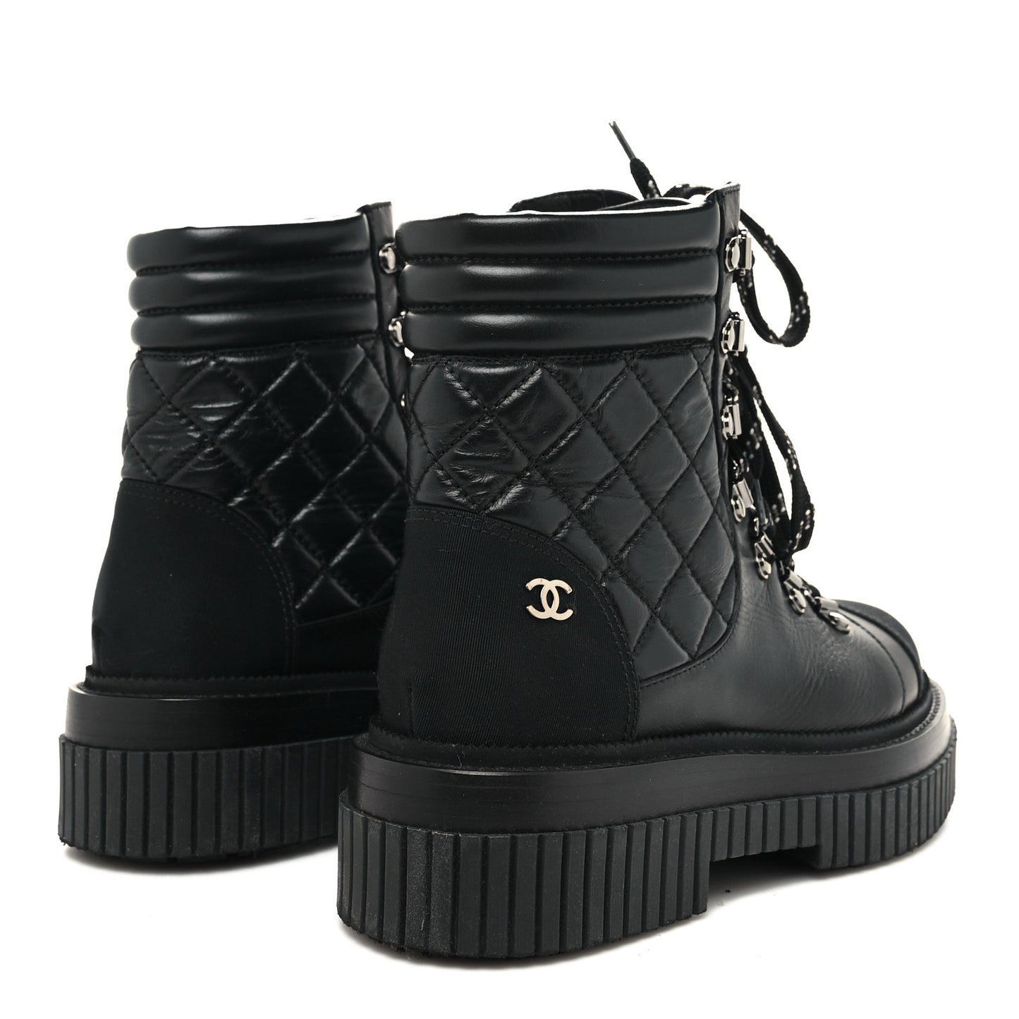 Calfskin Grosgrain Quilted Lace Up Boots 36.5 Black Grey