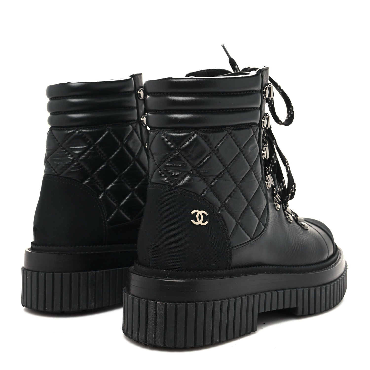 Chanel Calfskin Grosgrain Quilted Lace Up Boots 36.5 Black Grey 4 of 8
