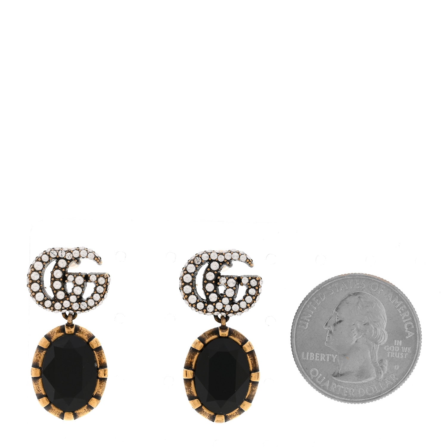 Gucci Metal Crystal Double G Drop Earrings Black Gold 2 of 6