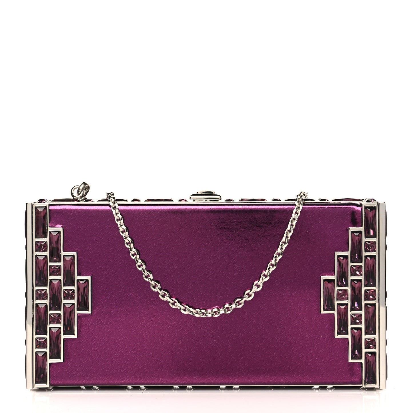 Metallic Calfskin Box Clutch With Chain Purple Silver