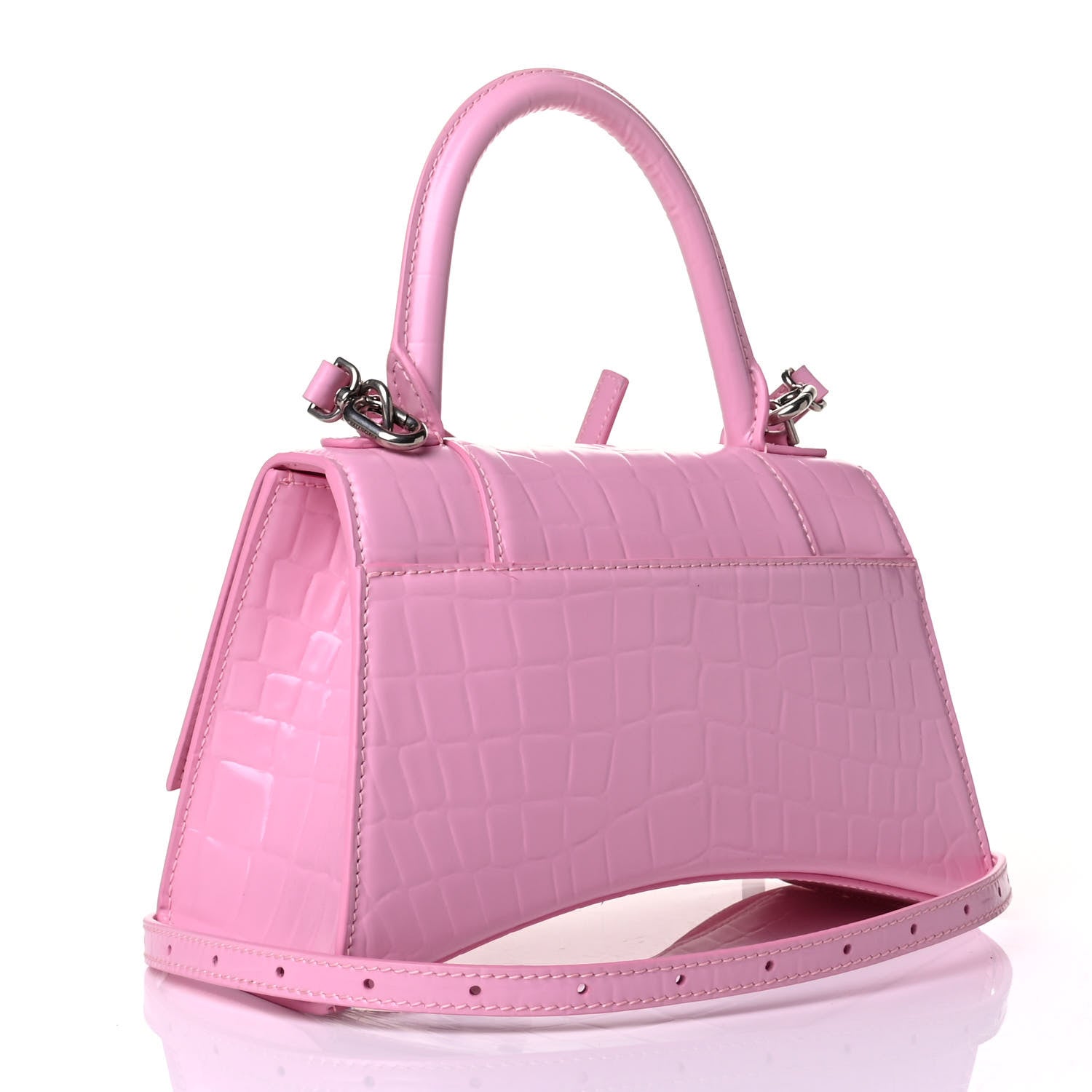 Balenciaga Semi Shiny Calfskin Crocodile Embossed Small Hourglass Top Handle Bag Pink 1 of 5