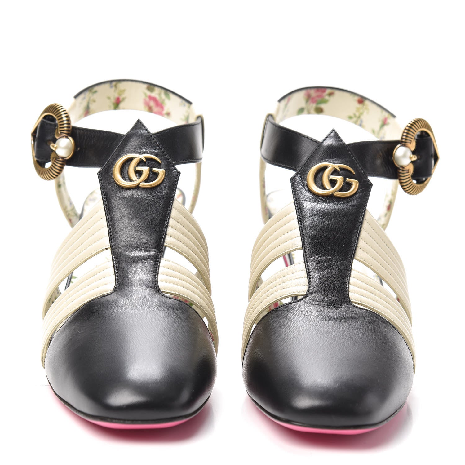 Gucci Malaga Kid T-Strap Mid Heel Sandals 39.5 Black White 2 of 7