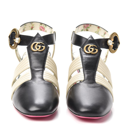 Gucci Malaga Kid T-Strap Mid Heel Sandals 39.5 Black White 2 of 7