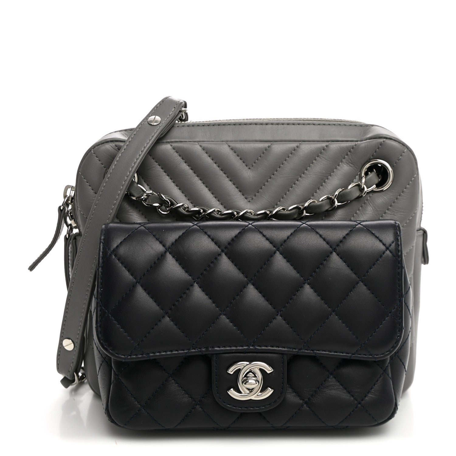 Chanel Calfskin Chevron Quilted Double Camera Bag With Flap Black Black Grey 1 of 12