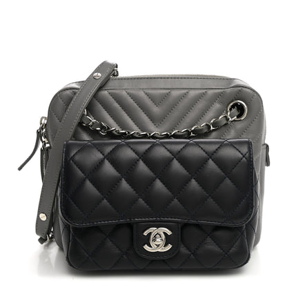 Chanel Calfskin Chevron Quilted Double Camera Bag With Flap Black Black Grey 1 of 12