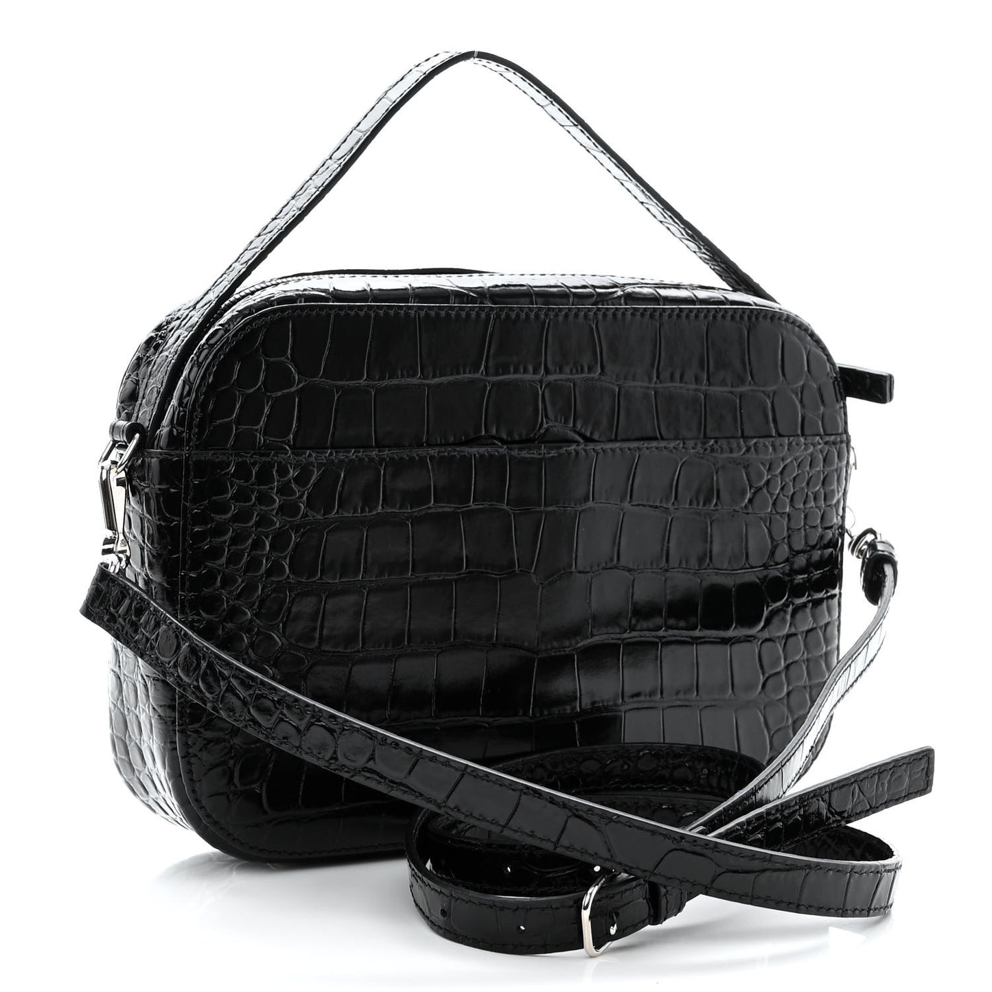 Shiny Calfskin Logo Crocodile Embossed S Everyday Camera Bag with Handle Black