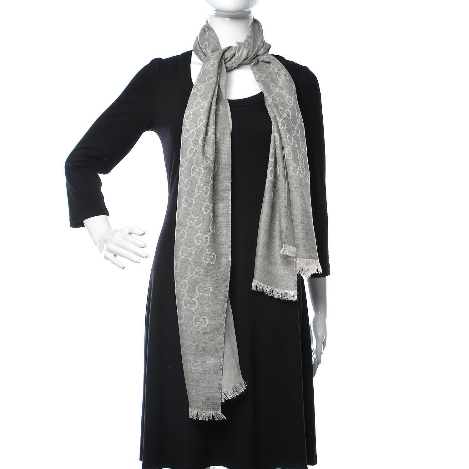 Gucci Wool Silk Monogram Fringe Scarf Grey 2 of 5