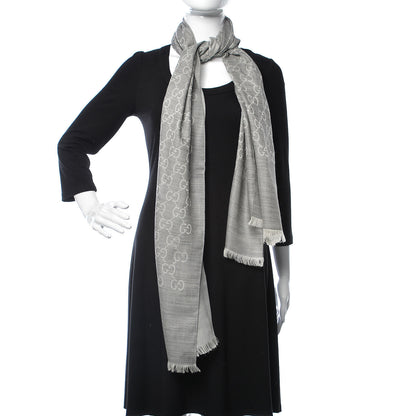 Gucci Wool Silk Monogram Fringe Scarf Grey 2 of 5