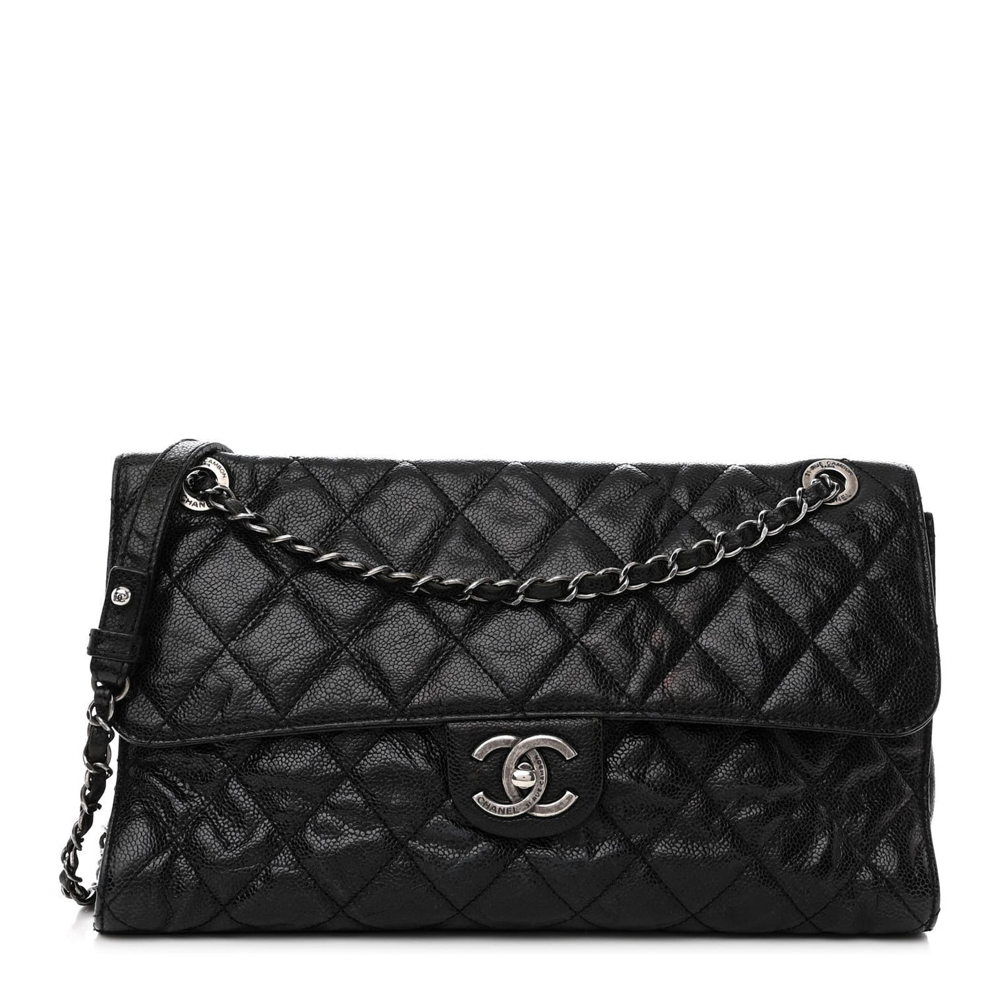 Crumpled Grained Calfskin Jumbo CC Crave Flap Black