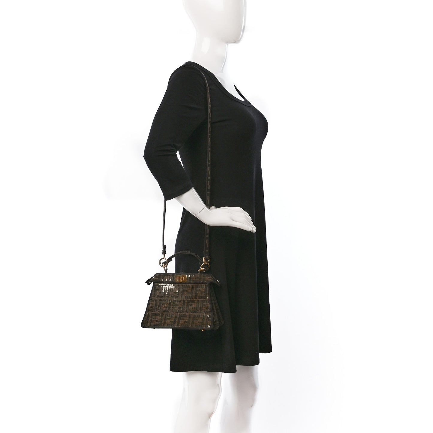 Fabric Jacquard Paillettes Vitello Seta FF 1974 Petite Peekaboo I SEE U Satchel Tobacco Moro