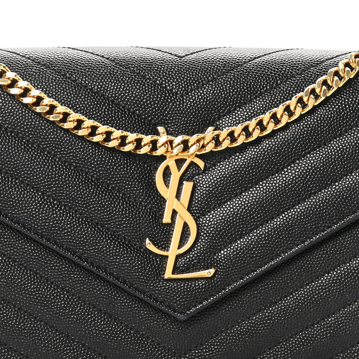 Saint Laurent Grain De Poudre Matelasse Chevron Monogram Envelope Chain Wallet Black 7 of 9