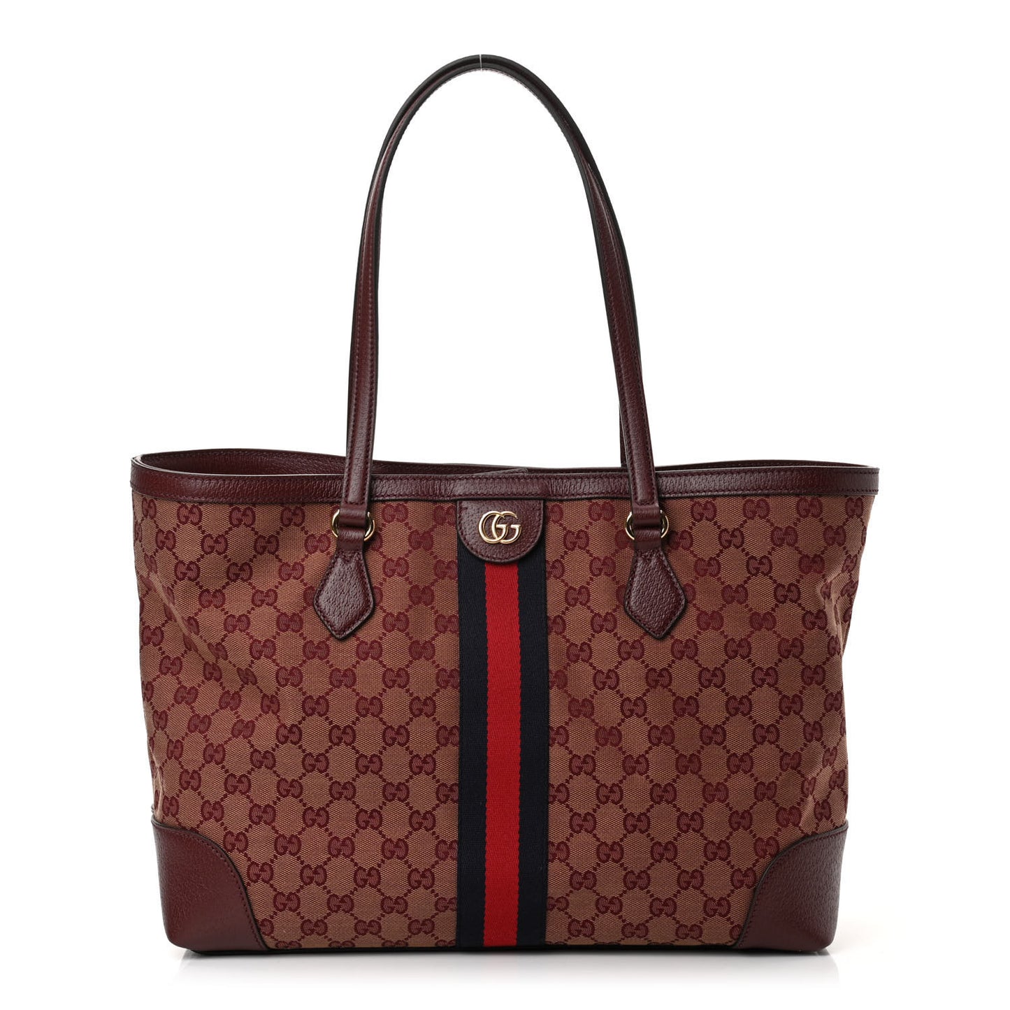 Monogram Textured Dollar Calfskin Web Medium Ophidia Shopping Tote Sahara Rubino Chardonnay