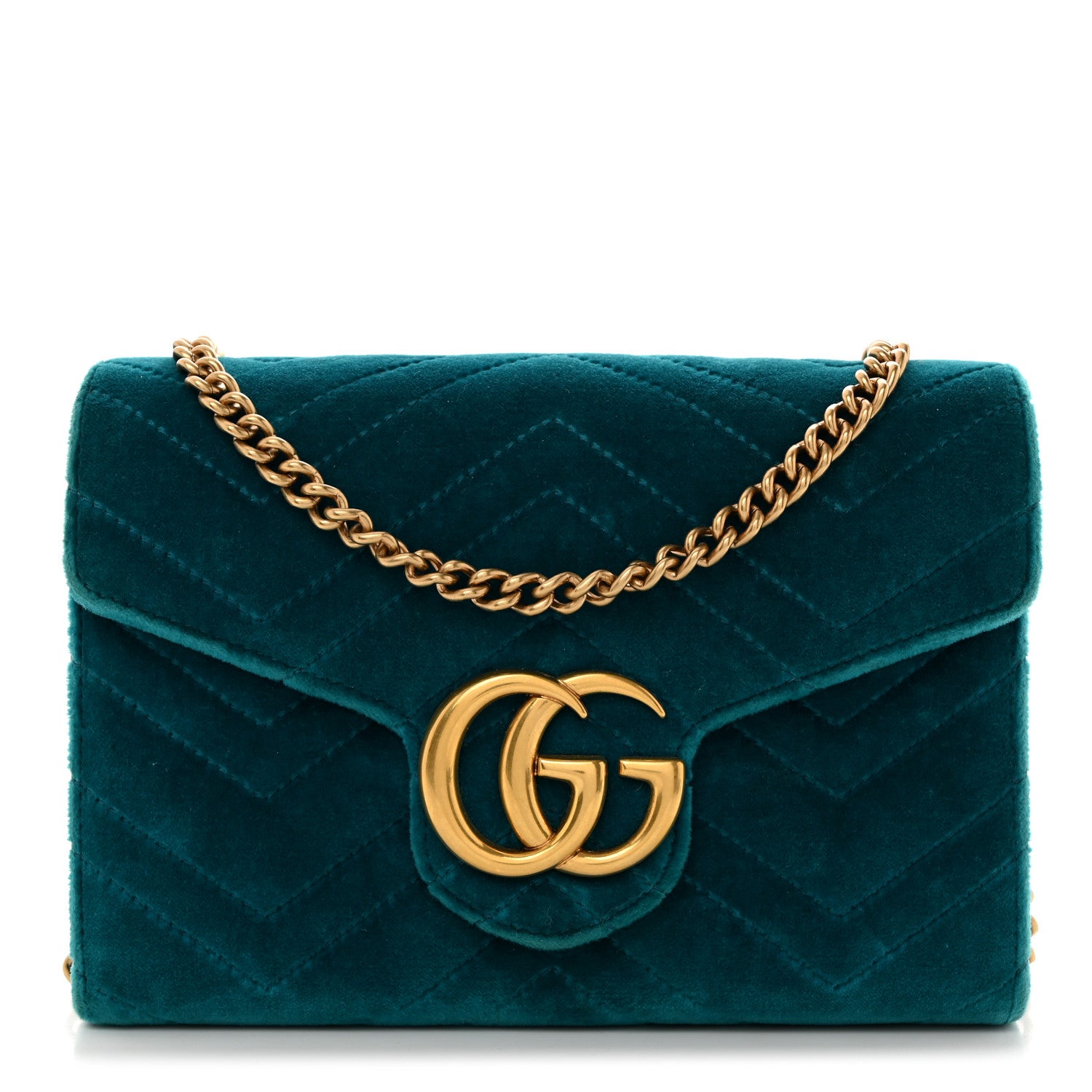 Gucci Velvet Matelasse GG Marmont Chain Wallet Pavone Cyan 1 of 11
