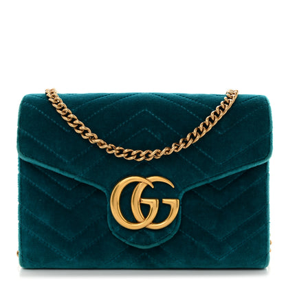 Gucci Velvet Matelasse GG Marmont Chain Wallet Pavone Cyan 1 of 11