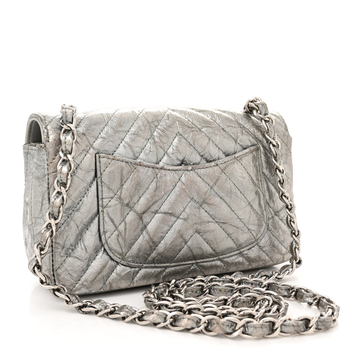 Chanel Patent Metallic Crumpled Calfskin Chevron Quilted Mini Rectangular Flap Silver 3 of 12