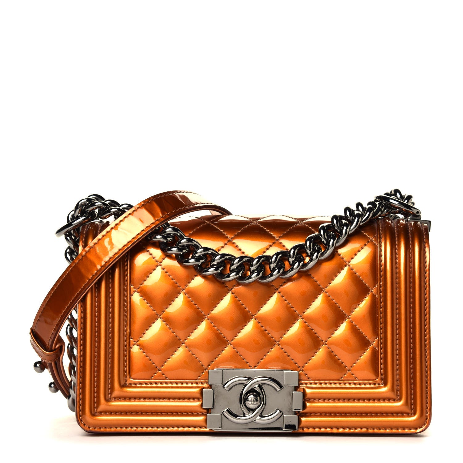 Chanel Metallic Patent Calfskin Quilted Small Boy Flap Orange 1 of 7