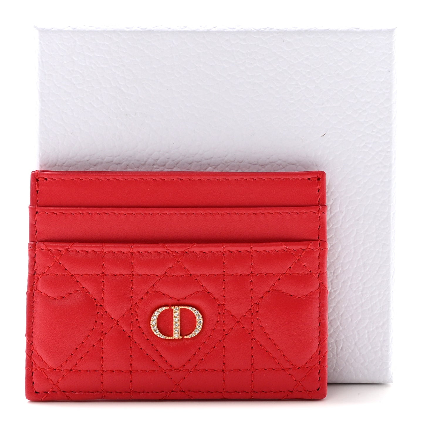 Lambskin Crystal Cannage Dioramour Jolie Freesia Card Holder Red