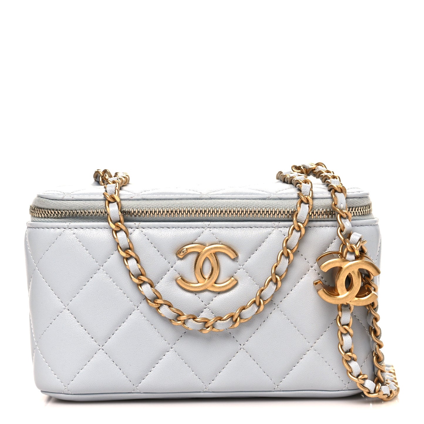 Lambskin Quilted Small CC Vanity Case With Chain Light Blue