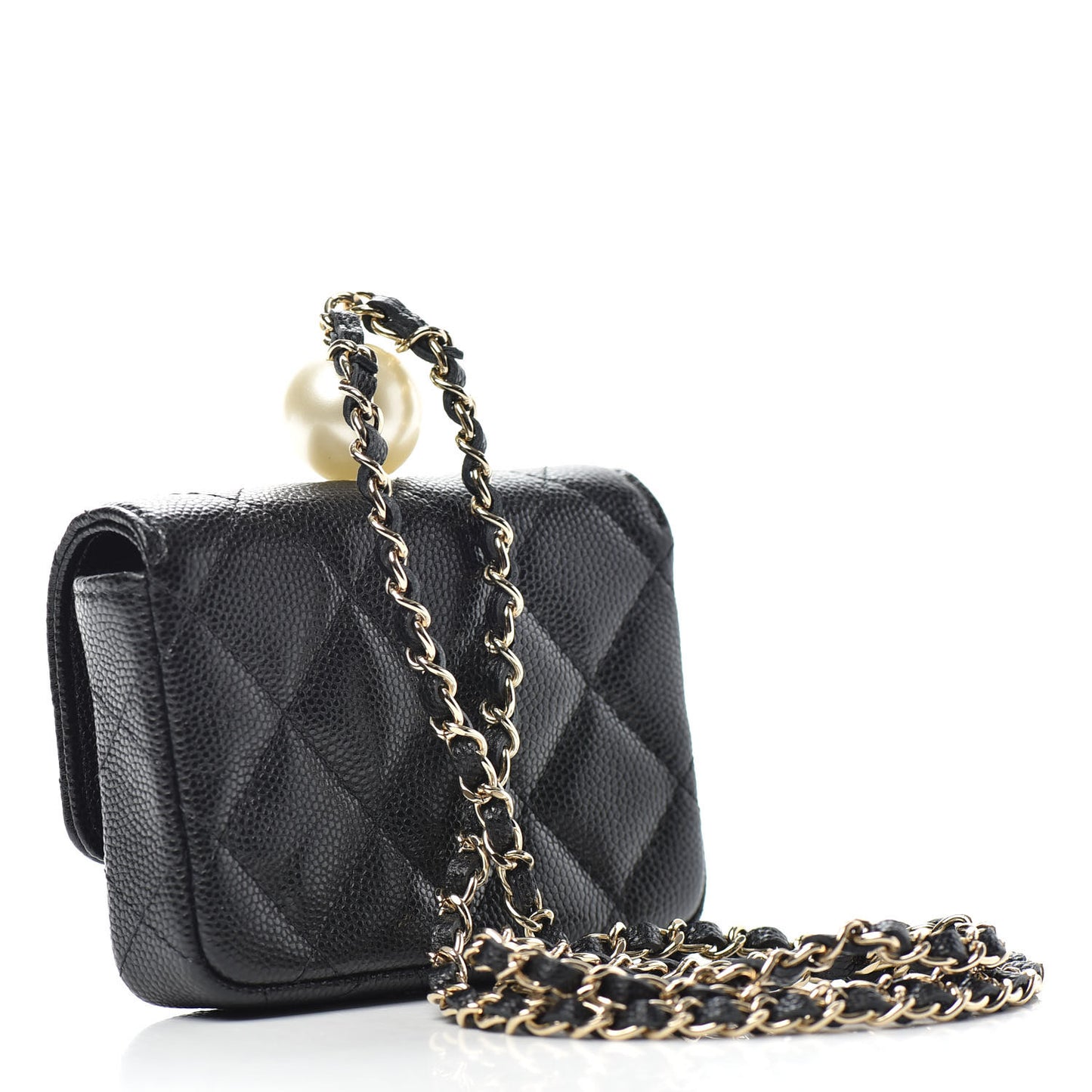 Caviar Quilted Pearl Card Holder On Chain Black