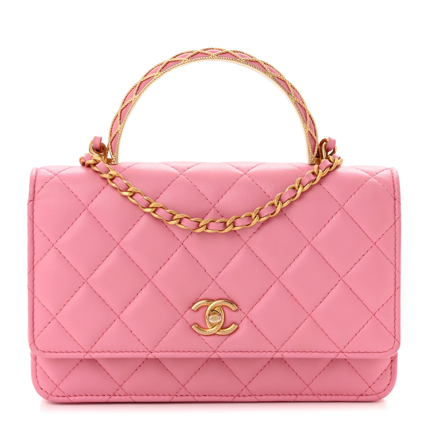 Lambskin Quilted Multicolor Top Handle Wallet On Chain WOC Light Pink