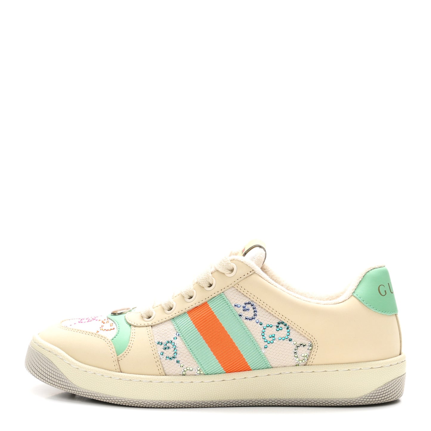 Miro Soft Calfskin Canvas Lame Crystal GG Monogram Web Screener Sneakers 37.5 Gardenia Silver Mystic White