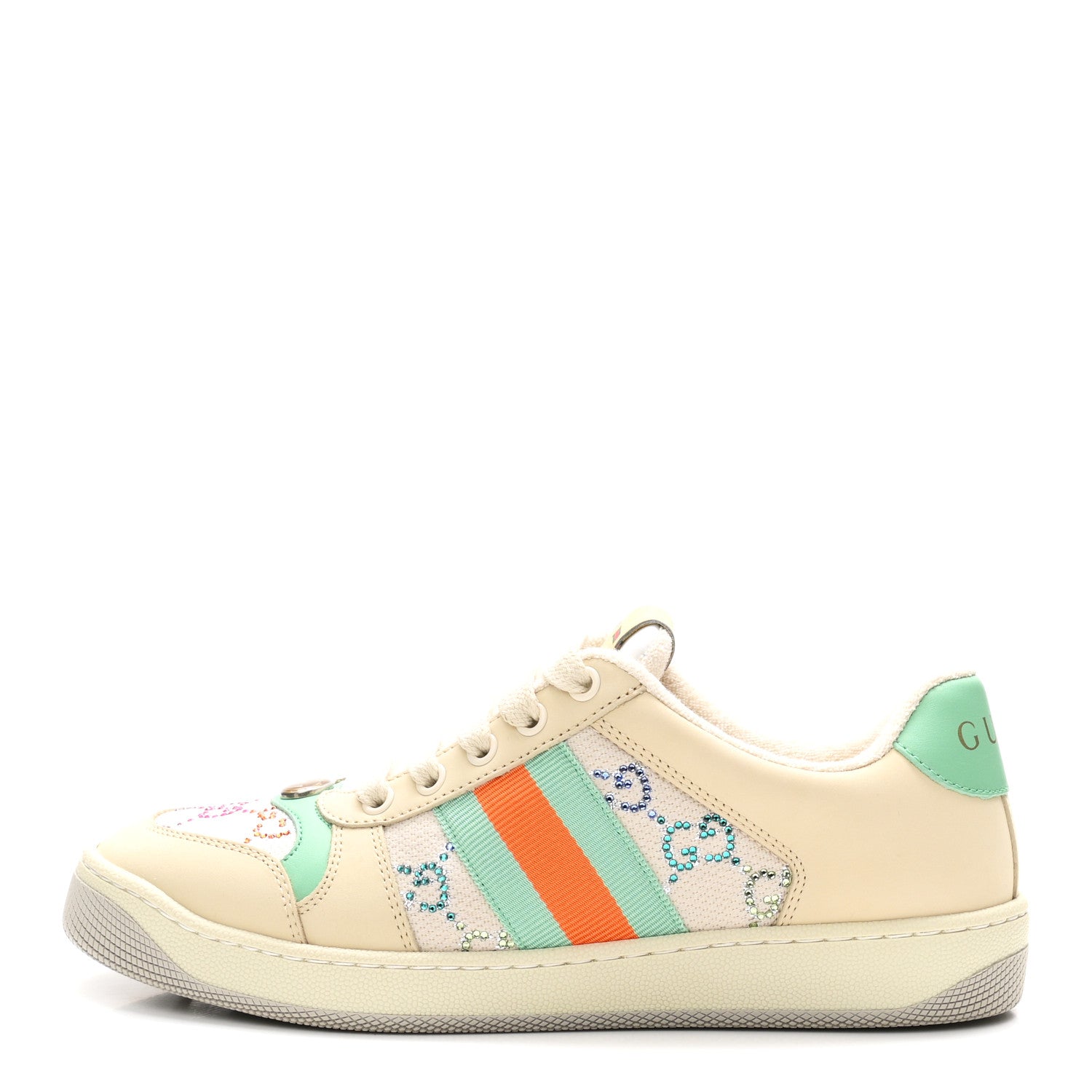 Gucci Miro Soft Calfskin Canvas Lame Crystal GG Monogram Web Screener Sneakers 37.5 Gardenia Silver Mystic White 1 of 10