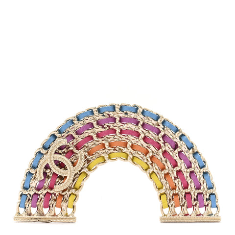 Lambskin Chain Rainbow CC Brooch Gold Multicolor