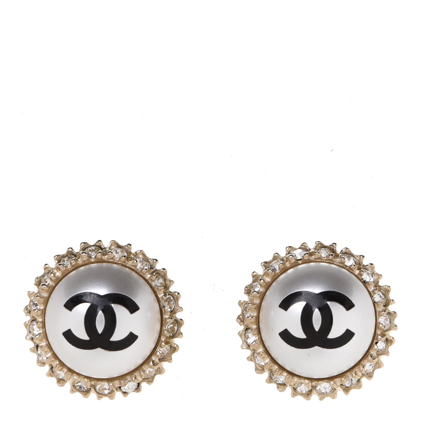 Crystal Pearl CC Round Earrings Gold Pearly White Black