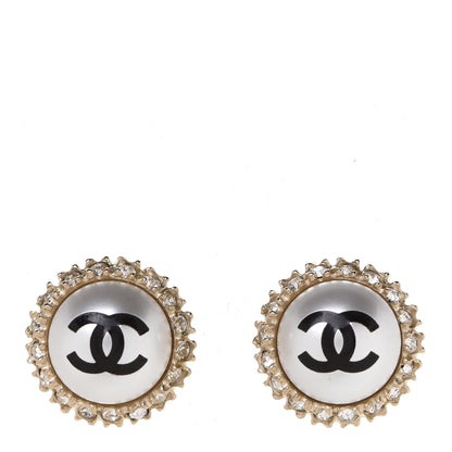 Chanel Crystal Pearl CC Round Earrings Gold Pearly White Black 1 of 5