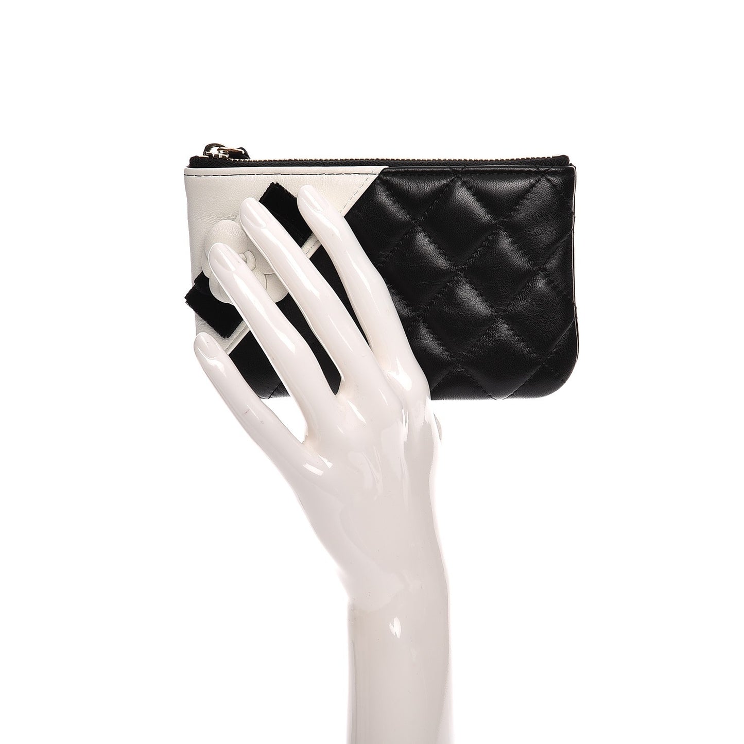 Lambskin Quilted Small Camellia Cosmetic Pouch Black White