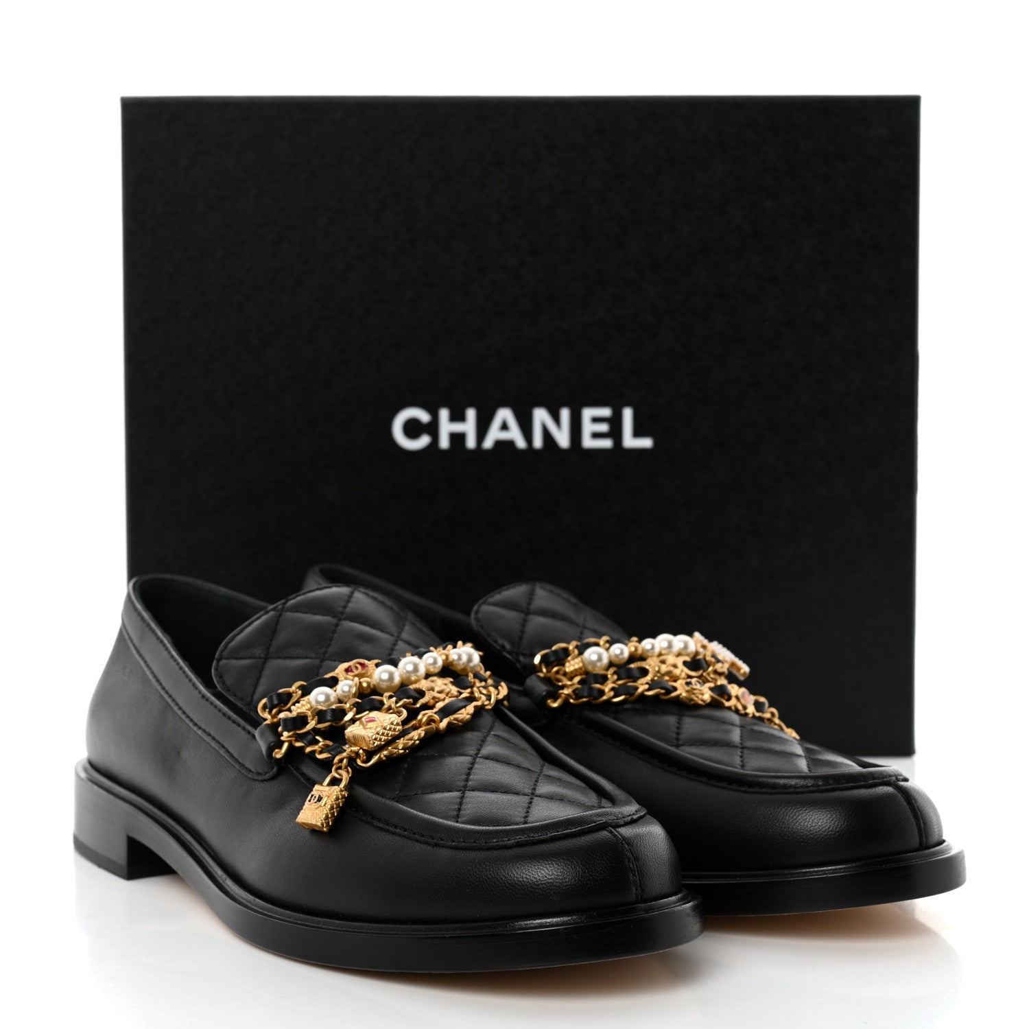 Chanel Lambskin Pearl Crystal Quilted CC Logo Jewelry Loafers 39.5 Black 9 of 9