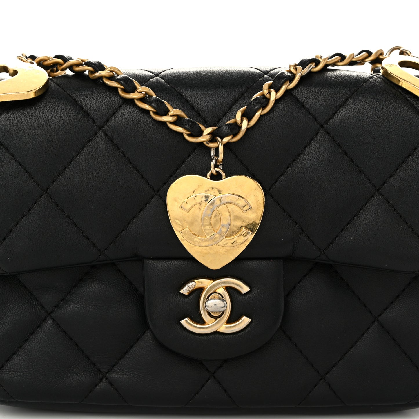 Lambskin Quilted Mini Heart Charms Flap Black