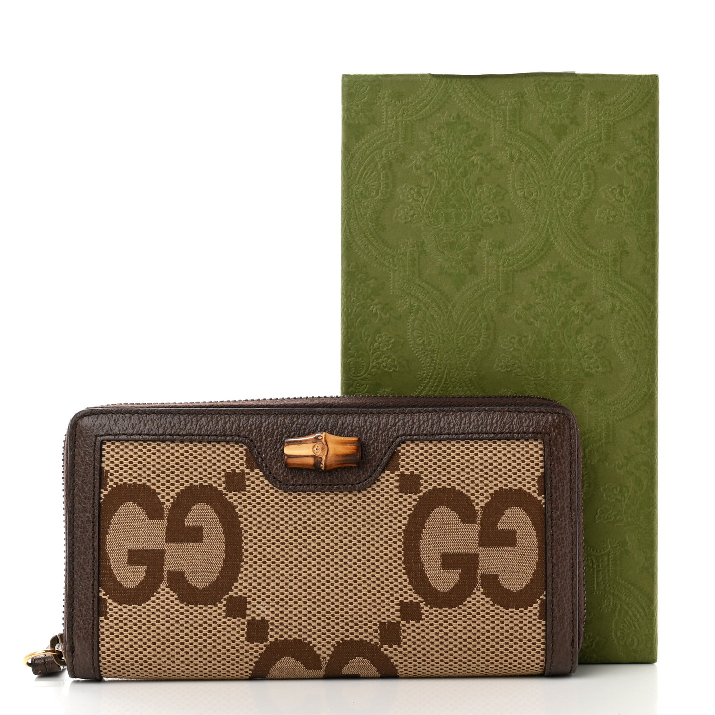Monogram Jumbo GG Textured Dollar Calfskin Diana Zip Around Continental Wallet Camel Ebony New Acero