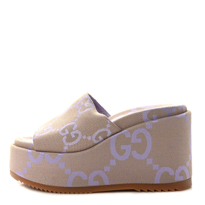 Gucci Monogram Jumbo GG Platform Slide Wedge Sandals 40.5 Beige Lapis 1 of 8