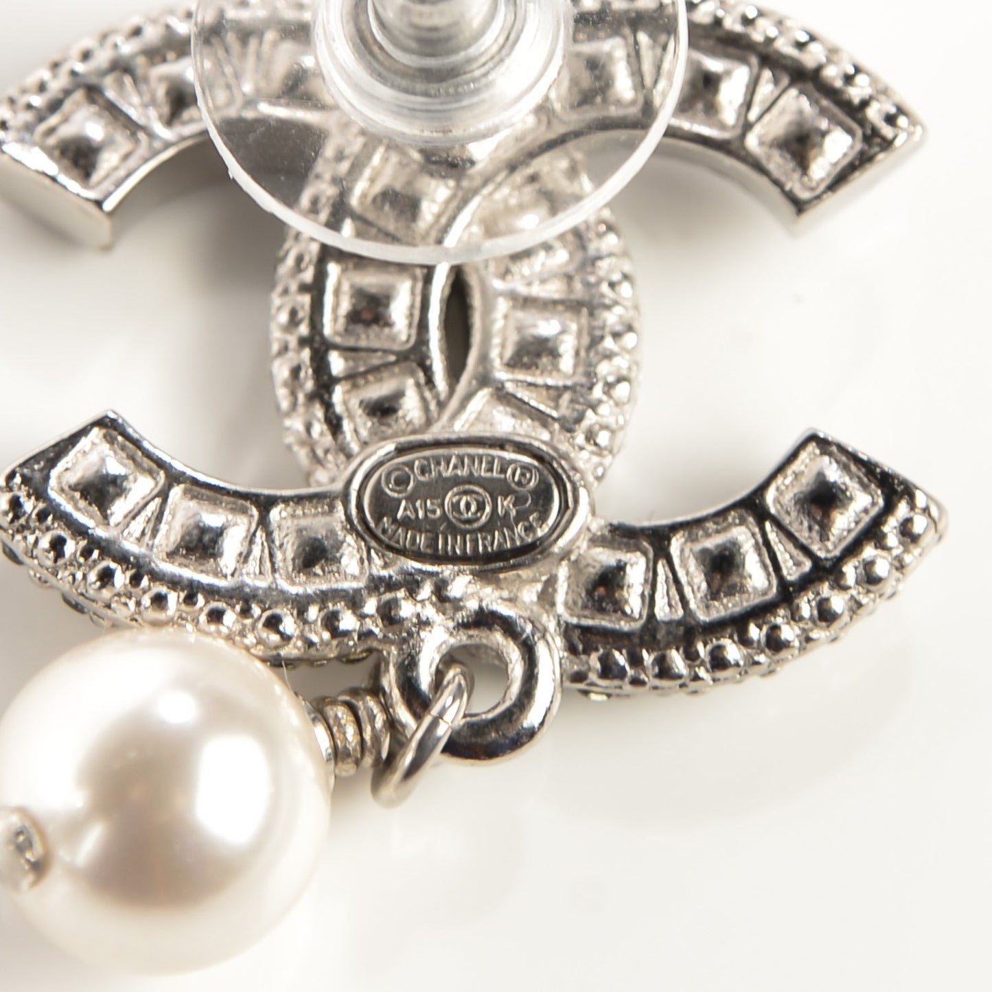 Crystal Baguette Pearl CC Drop Earrings Silver