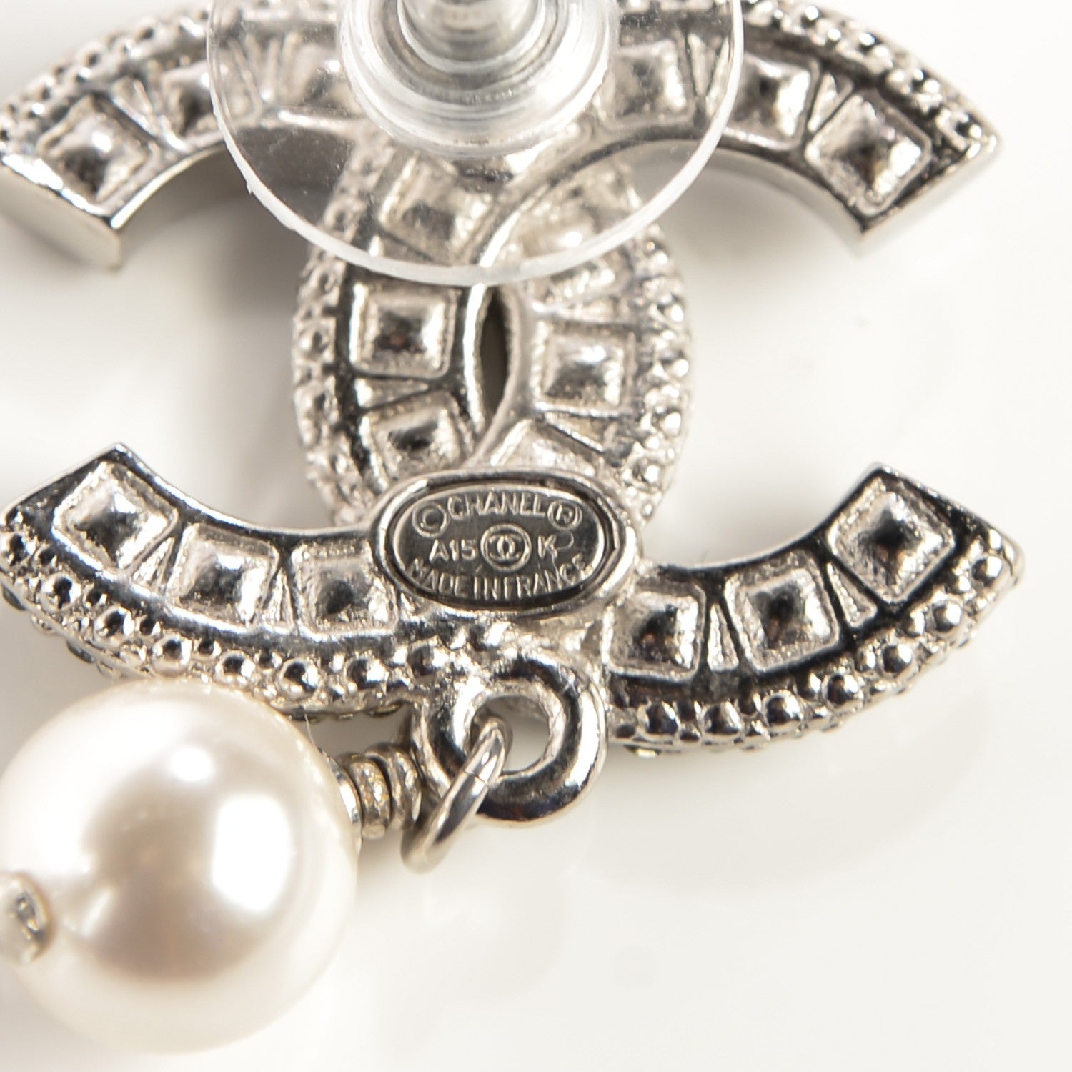Chanel Crystal Baguette Pearl CC Drop Earrings Silver 5 of 5