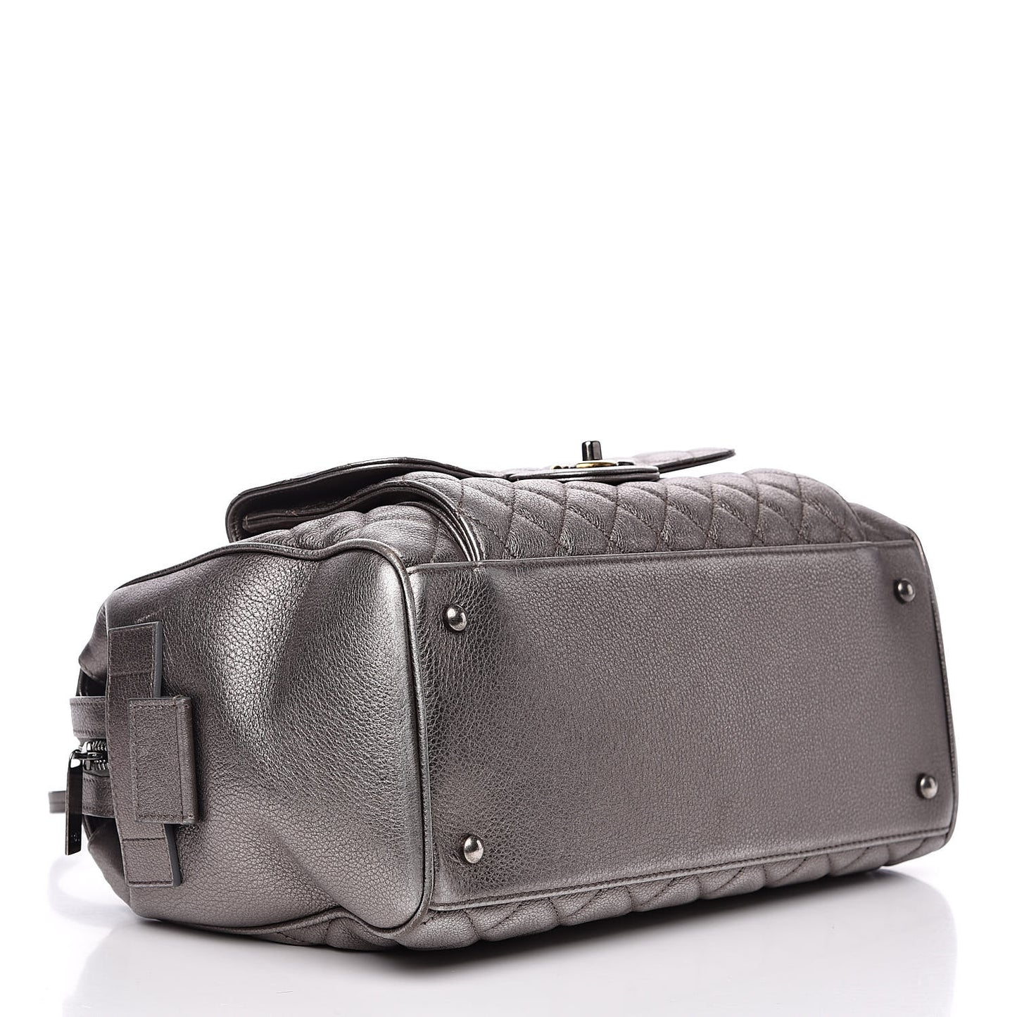Metallic Grained Calfskin Quilted Large Casual Pocket Bowling Bag Silver