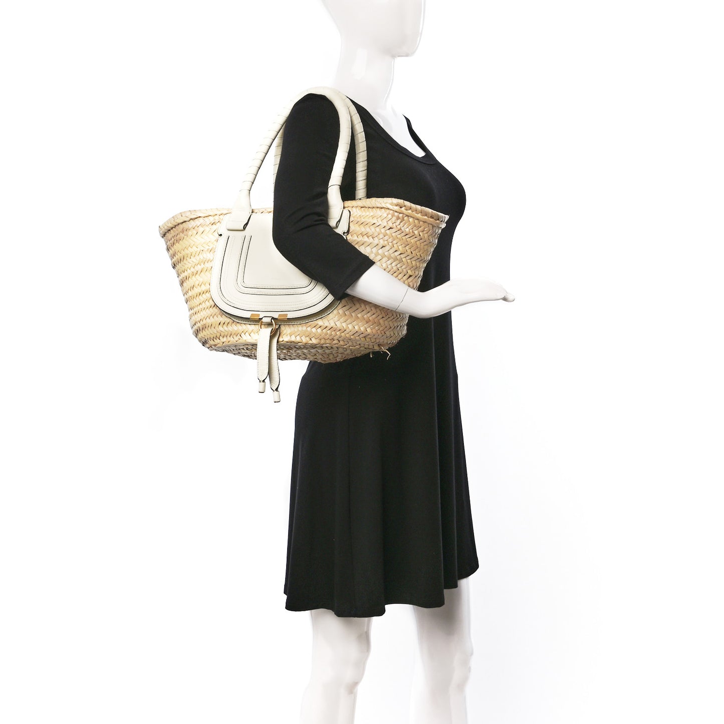 Raffia Small Grain Calfskin Medium Marcie Basket White